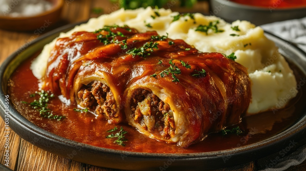 Savory Meat Roll with Mashed Potatoes and Sauce Savory Meat Roll with Mashed Potatoes and Sauce