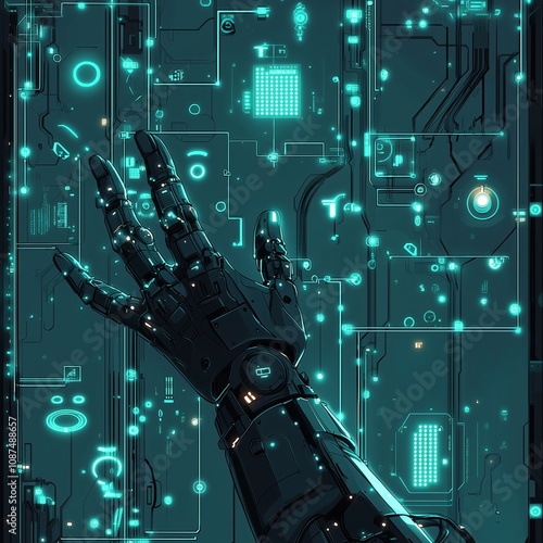 Futuristic Circuit Board with Code  hand robotic and Fractal Pattern, Arm Robot