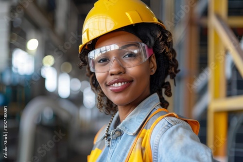 Happy African American female employee working at a solar plant