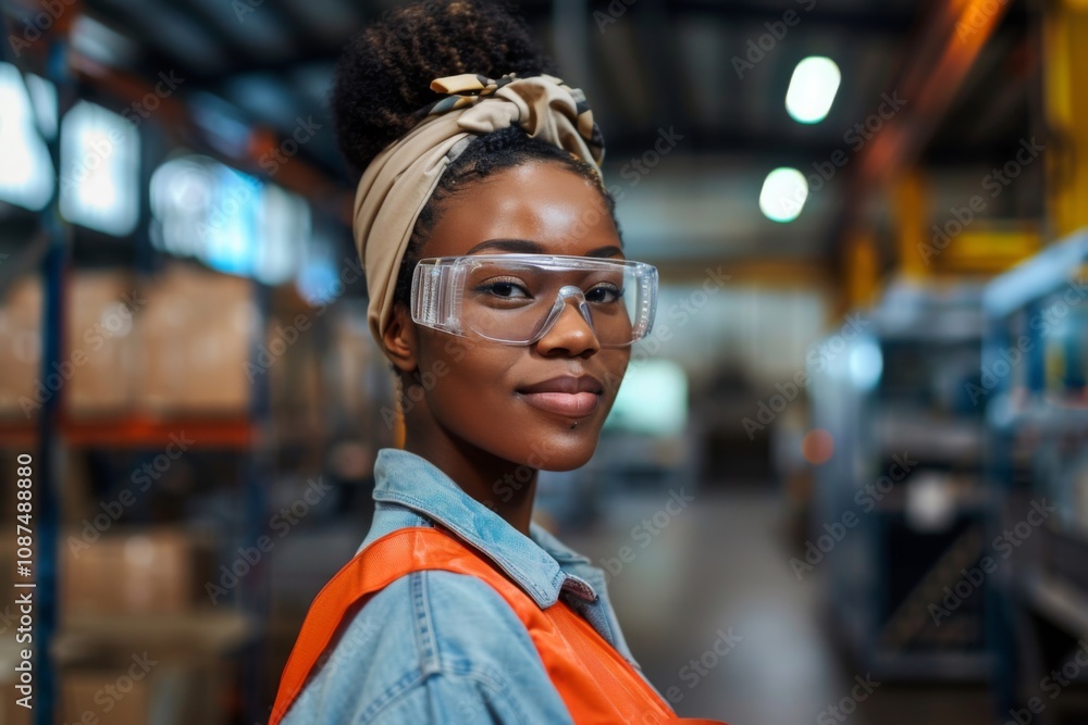 Happy African American female employee working at a solar plant Happy African American female employee working at a solar plant