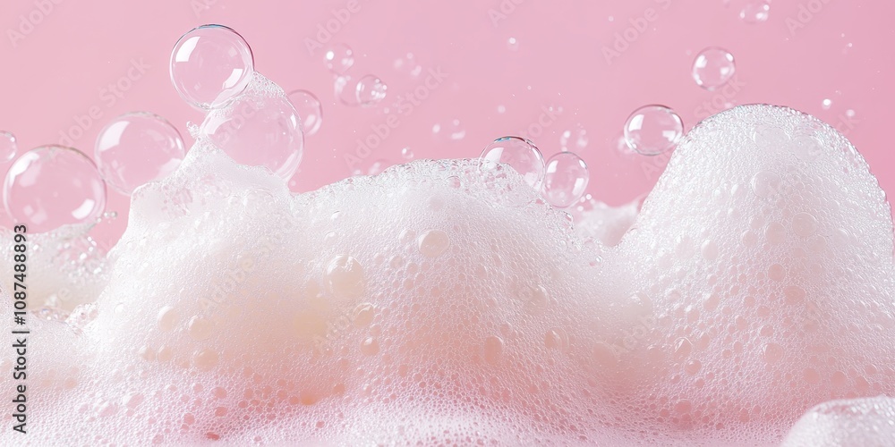 Fototapeta premium Foam bubbles create a playful scene on a pink background. This vibrant image captures the essence of foam bubbles, perfect for showcasing a fun cleaning service or froth party concept.