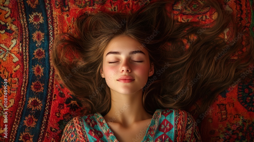 Serenity in Color: A Young Woman on Vibrant Persian Rug