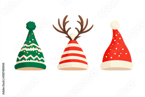 Christmas hat set, elf and deer antlers on white background 