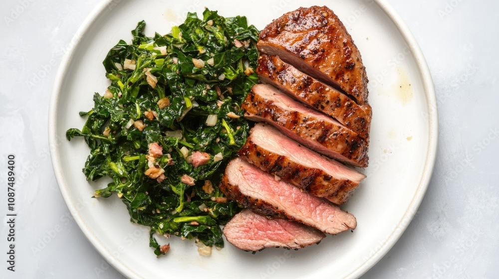 Grilled Steak with Kale Salad on a Plate