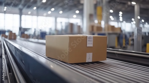 The airport conveyor belt system moves luggage efficiently. Package on conveyor belt in warehouse setting