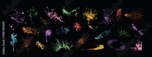 Spray paint drips, color inky blots or splatters. Vector splashes, graffiti speckles or inkblot spots with dust effect. Paintbrush splotch, ink drops, liquid blobs. Abstract dirty grunge splash stains