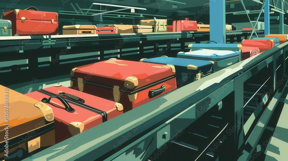 Naklejka premium The airport conveyor belt system moves luggage efficiently. Luggage on a conveyor belt at airport