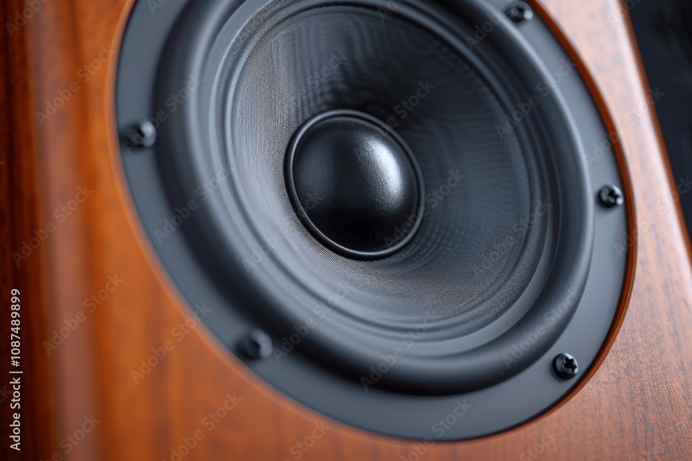 Close up of a powerful audio speaker with wooden finish Close up of a powerful audio speaker with wooden finish