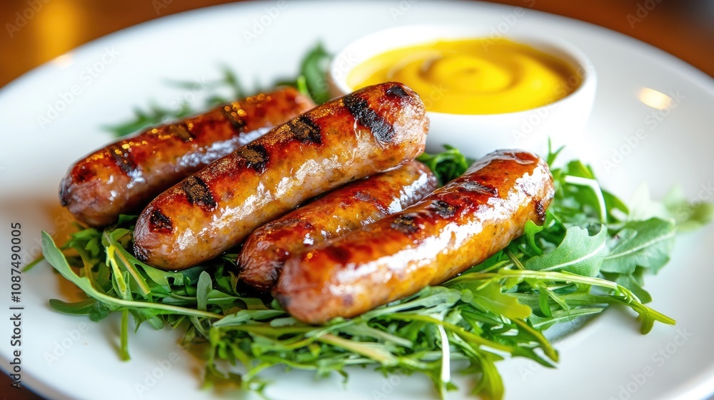 Grilled Sausages on Fresh Greens with Mustard Sauce Grilled Sausages on Fresh Greens with Mustard Sauce