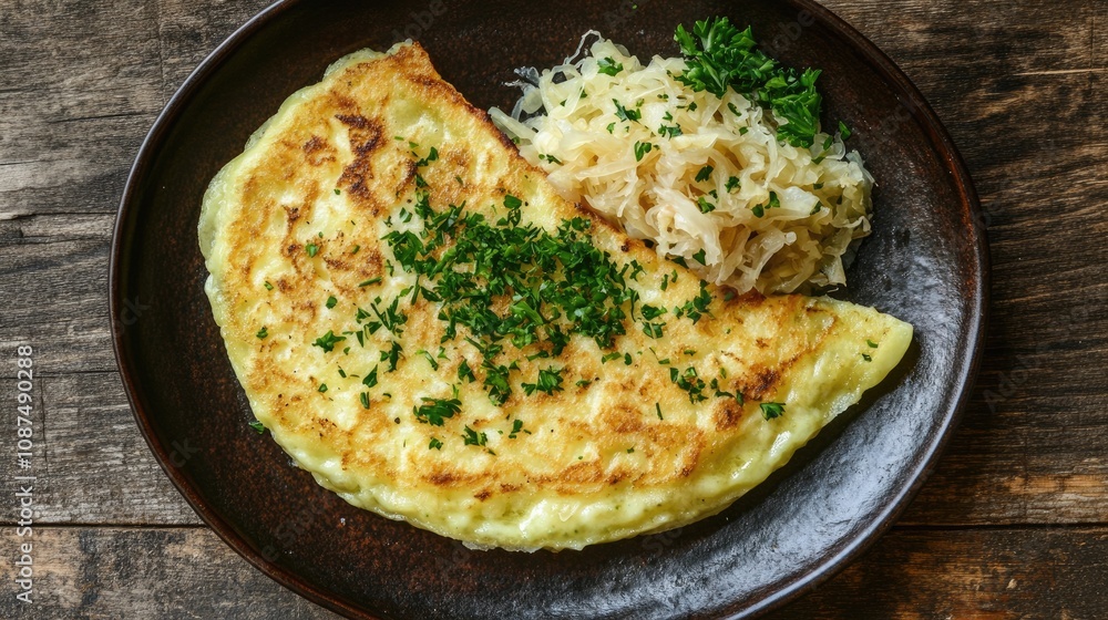 Delicious Omelet with Sauerkraut on Rustic Plate Delicious Omelet with Sauerkraut on Rustic Plate