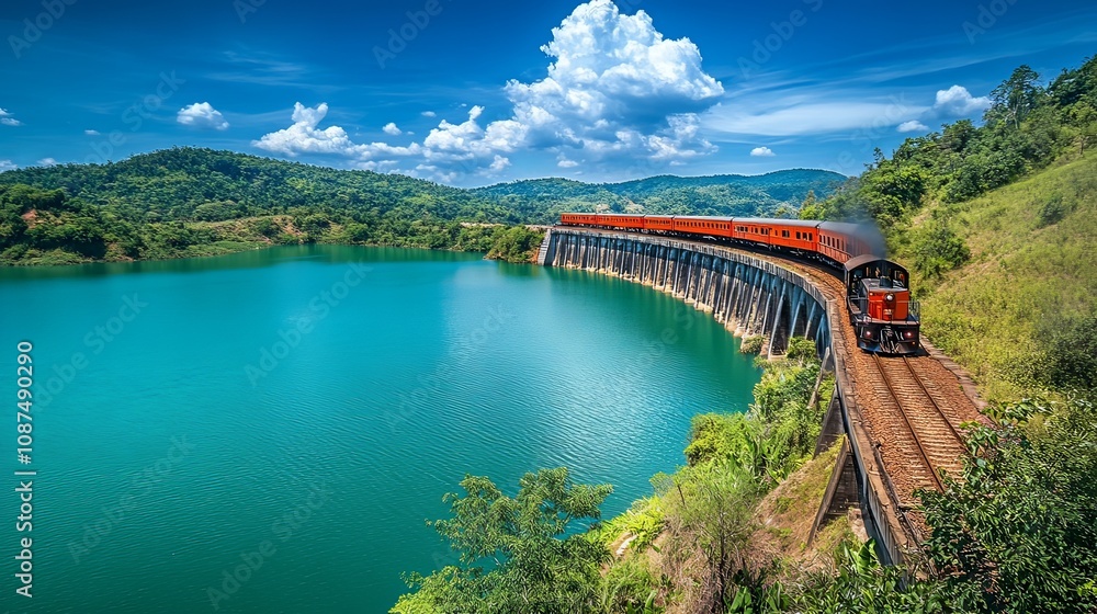 Fototapeta premium A vibrant Thai train entering a tunnel carved into a rocky mountain.