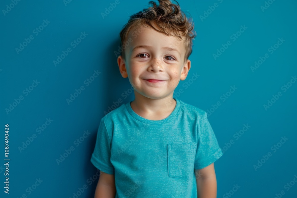 Centered portrait view of a cute male child wearing blank white t shirt against blue background Centered portrait view of a cute male child wearing blank white t shirt against blue background