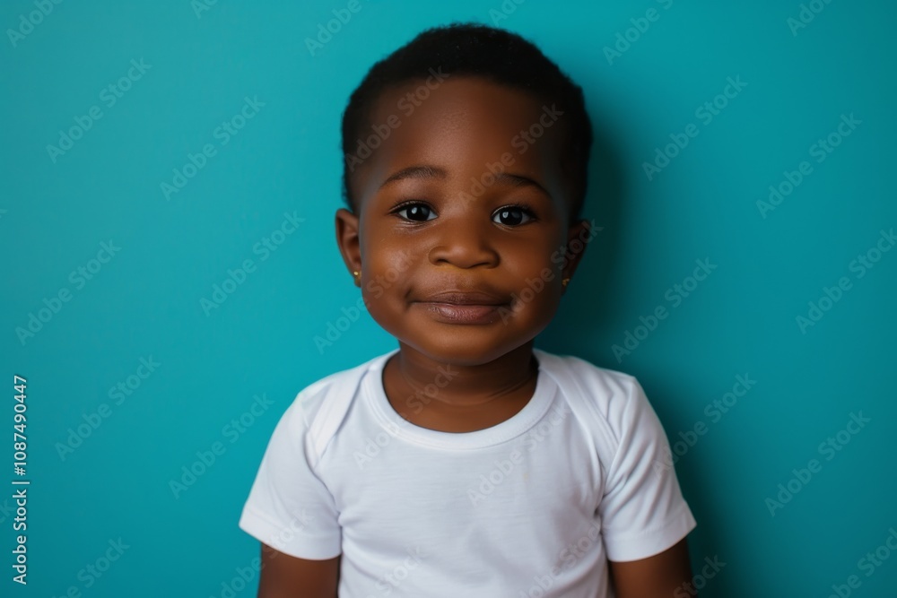 Centered portrait view of a cute male child wearing blank white t shirt against blue background Centered portrait view of a cute male child wearing blank white t shirt against blue background