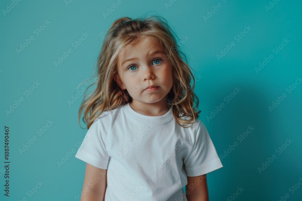 Centered portrait view of a cute female child wearing blank white t shirt against blue background Centered portrait view of a cute female child wearing blank white t shirt against blue background
