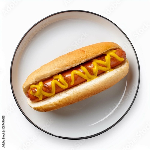 Hot dog on white plate on white background top view