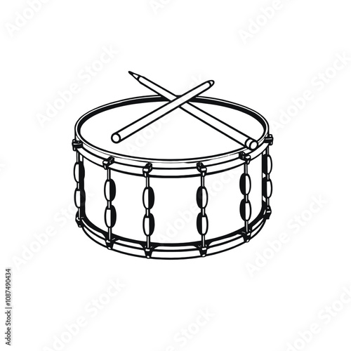 a black and white line drawing of a drum with two drumsticks resting on top of it