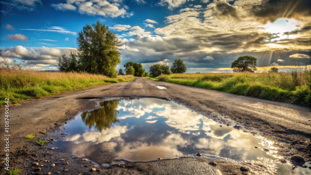A puddle on a country road reflecting the sky, showcasing the beauty of nature after a rainstorm A puddle on a country road reflecting the sky, showcasing the beauty of nature after a rainstorm