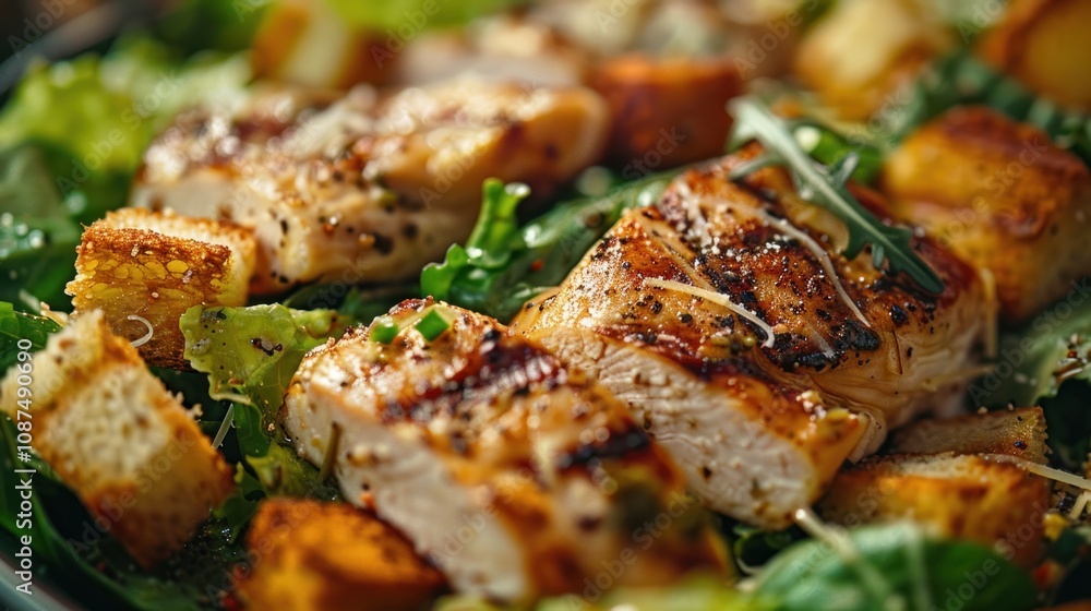 Close-up of a Caesar salad with grilled chicken, croutons, and romaine lettuce. Close-up of a Caesar salad with grilled chicken, croutons, and romaine lettuce.