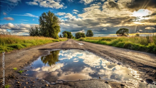 A puddle on a country road reflecting the sky, showcasing the beauty of nature after a rainstorm