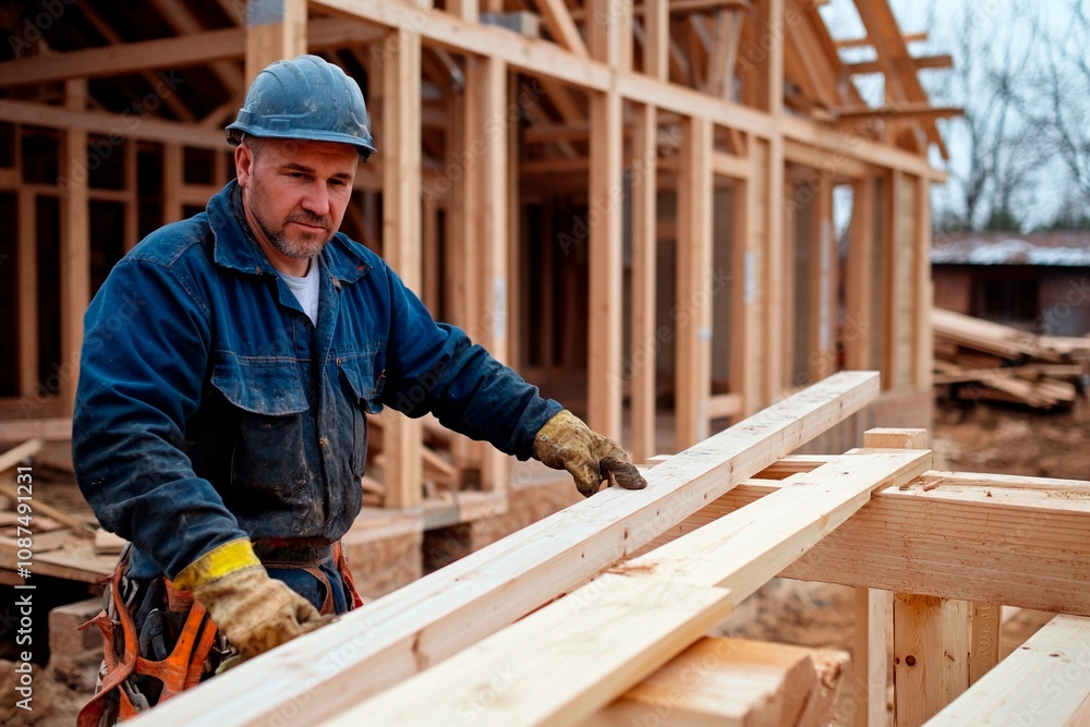 A skilled carpenter is focused on placing wooden beams carefully in a newly built structure A skilled carpenter is focused on placing wooden beams carefully in a newly built structure