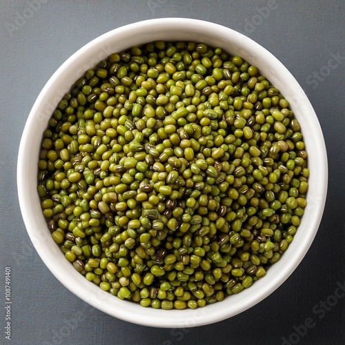 Mung beans in a white bowl top view