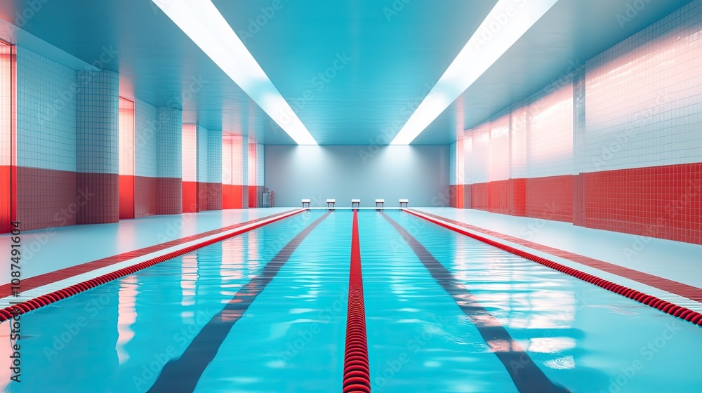 A swimming pool with blue water and white tiles, an indoor competition pool. empty seat on the side of each racing lane in the middle of the swimming area. A swimming pool with blue water and white tiles, an indoor competition pool. empty seat on the side of each racing lane in the middle of the swimming area.