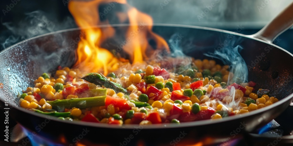 Cooking a vibrant vegetable mix stew in a hot frying pan amidst flames, featuring colorful grains of corn, peas, asparagus, and sweet peppers for a delightful culinary experience. Cooking a vibrant vegetable mix stew in a hot frying pan amidst flames, featuring colorful grains of corn, peas, asparagus, and sweet peppers for a delightful culinary experience.
