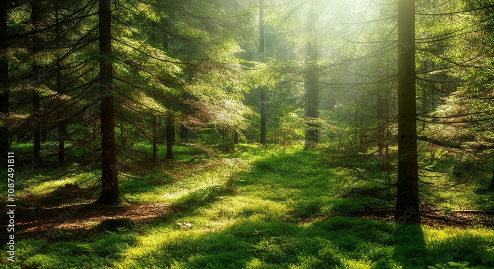 Obraz premium Enchanting sunlight filtering trees