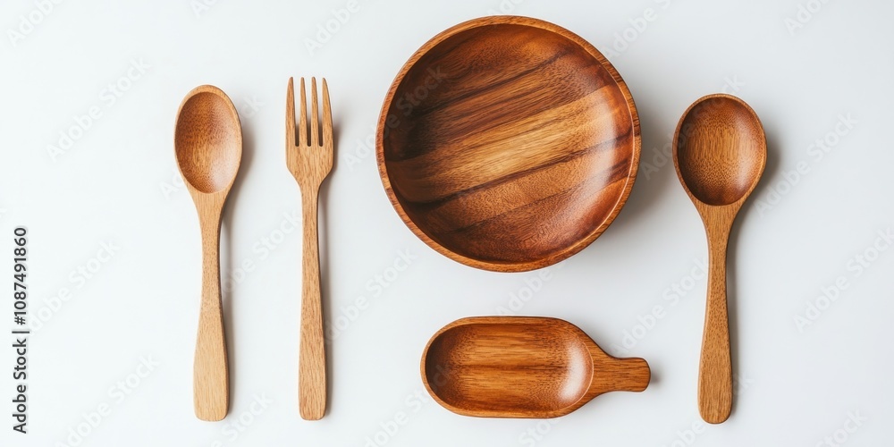 Wooden dish, bowl, spoon, and fork arranged creatively on a white background, showcasing the beauty of wooden kitchenware perfect for dining and decoration. This wooden set enhances any table setting. Wooden dish, bowl, spoon, and fork arranged creatively on a white background, showcasing the beauty of wooden kitchenware perfect for dining and decoration. This wooden set enhances any table setting.