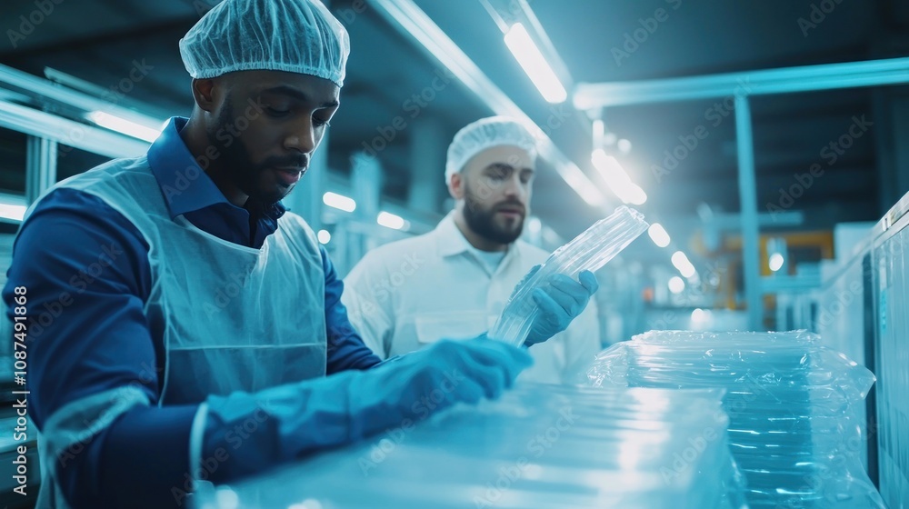 Workers inspecting plastic products fresh off the assembly line in a brightly lit factory Workers inspecting plastic products fresh off the assembly line in a brightly lit factory
