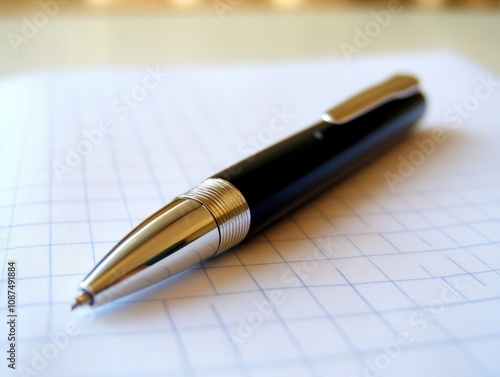 A sleek black pen resting on a sheet of graph paper, ready for writing or drawing.