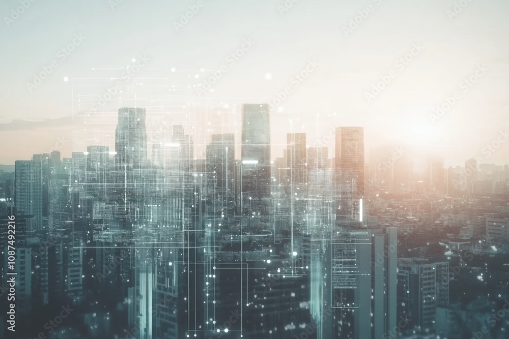 The skyline showcases modern buildings integrated with an AI network, illuminated by the warm glow of the setting sun. Generative AI The skyline showcases modern buildings integrated with an AI network, illuminated by the warm glow of the setting sun. Generative AI