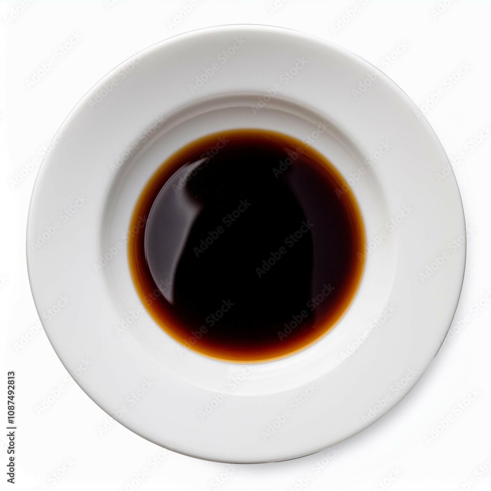 Soy sauce on white bowl on white background top view Soy sauce on white bowl on white background top view