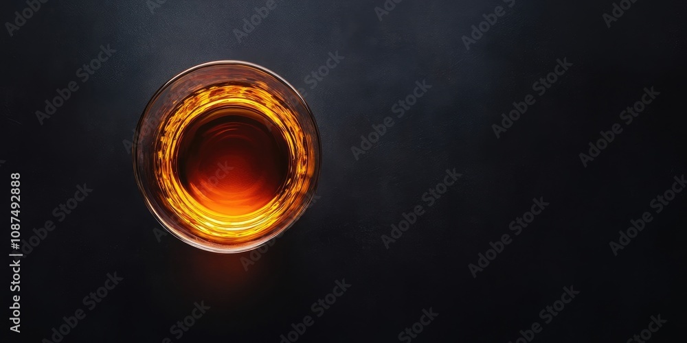 Top view of a glass of scotch displayed on a dark background, highlighting the rich amber color and inviting texture of the scotch. This image captures the essence of enjoying a glass of scotch. Top view of a glass of scotch displayed on a dark background, highlighting the rich amber color and inviting texture of the scotch. This image captures the essence of enjoying a glass of scotch.