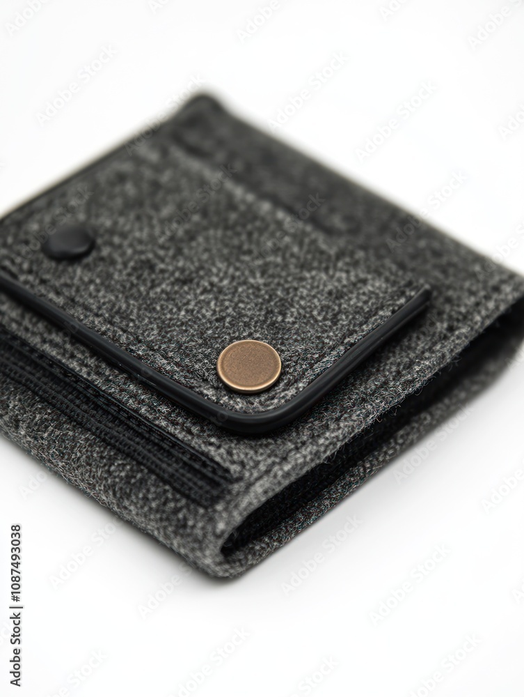 A compact, gray wallet with a snap button and zipper for secure storage. A compact, gray wallet with a snap button and zipper for secure storage.