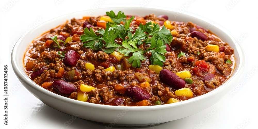Deliciously fresh made chili con carne served in a portion, isolated on a clean white background, highlighting the vibrant colors and textures of this chili con carne dish. Deliciously fresh made chili con carne served in a portion, isolated on a clean white background, highlighting the vibrant colors and textures of this chili con carne dish.