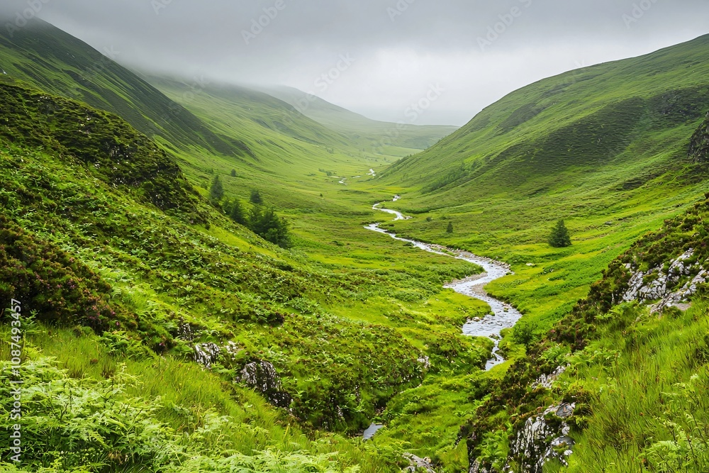 Naklejka premium Serene Green Valley with Meandering River and Misty Hills