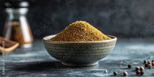 Fresh green za atar spice blend piled in a bowl, showcasing the vibrant traditional za atar condiment perfect for enhancing dishes. Celebrate the bold flavors of za atar in your culinary creations. photo