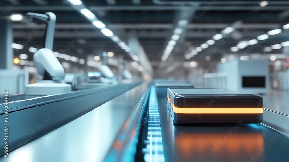 Fototapeta premium The airport conveyor belt system moves luggage efficiently. Automated package handling system