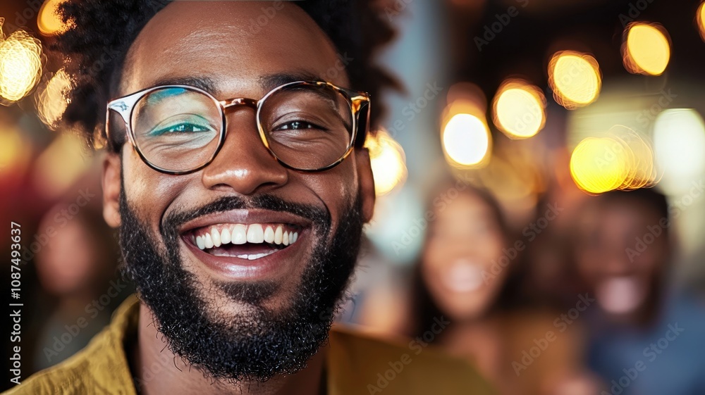 A joyful man with glasses smiles broadly, surrounded by a lively atmosphere, showcasing happiness and connection with friends. A joyful man with glasses smiles broadly, surrounded by a lively atmosphere, showcasing happiness and connection with friends.