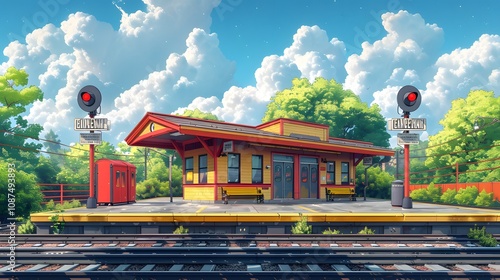 Modern cartoon train station with whimsical. AI generated