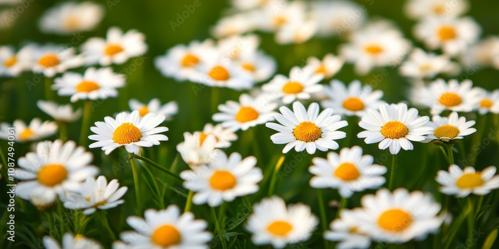Chamomile flowers against a backdrop of grass create a stunning scene. The beauty of chamomile adds charm to this vibrant flower meadow filled with white daisies. Chamomile flowers against a backdrop of grass create a stunning scene. The beauty of chamomile adds charm to this vibrant flower meadow filled with white daisies.