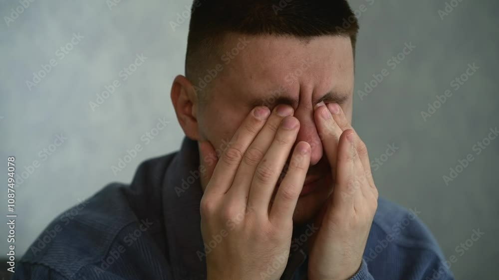 Eye fatigue from working at the computer.
A man rubs his eyes.
My eyes are burning from fatigue.
Tired eyes from the monitor.
The programmer rubs his tired eyes