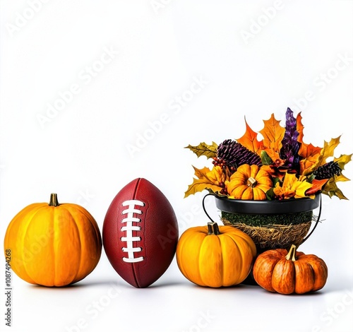 Thanksgiving American football match Autumn display with pumpkins, a football, and fall decorations.