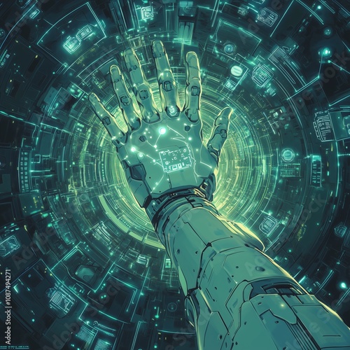 Futuristic Circuit Board with Code  hand robotic and Fractal Pattern, Arm Robot