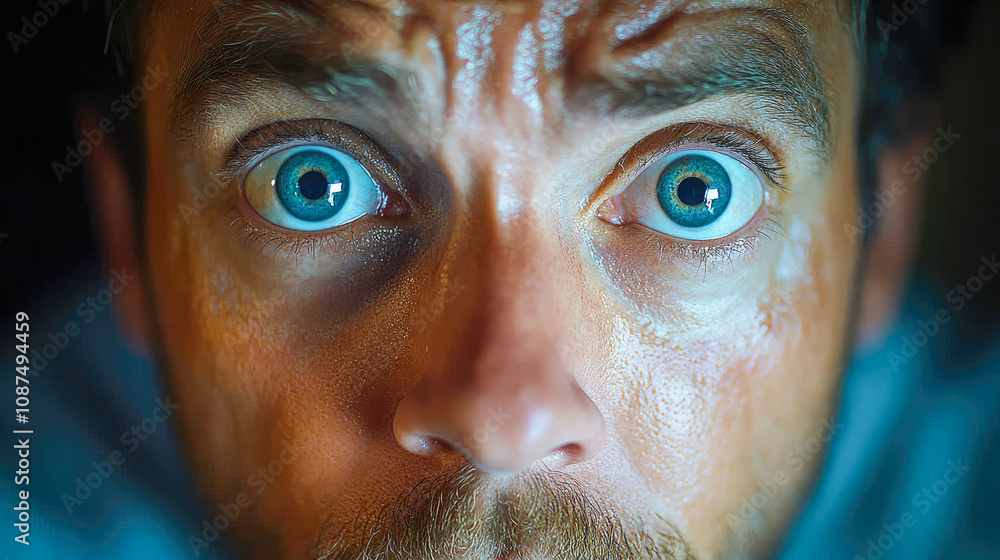 Close-up of a man with hands on his face, eyes wide in shock and fear, capturing an intense emotional reaction Close-up of a man with hands on his face, eyes wide in shock and fear, capturing an intense emotional reaction