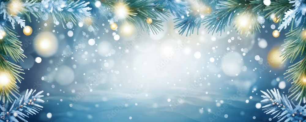 Winter holiday background with snowflakes, pine branches, and glowing lights creating a festive atmosphere during the season. Christmas and New Year Winter holiday background with snowflakes, pine branches, and glowing lights creating a festive atmosphere during the season. Christmas and New Year