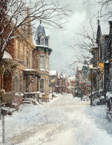 Vintage Winter Street Design l Old Paper Texture Street in Snowy Day l Cold White Snow Xmas Atmosphere l Calm Beautiful Village