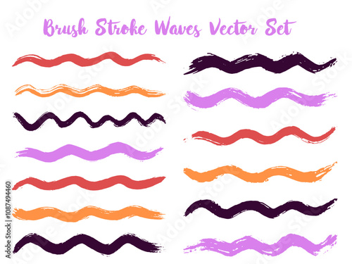 Colorful brush stroke waves vector set. Hand drawn violet red black brushstrokes, ink splashes, watercolor splats, hand painted curls. Color combinations catalog elements. Wavy stripes vector set.