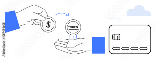 Exchanging coin for token symbolizing digital transactions between hands. Card represents financial transaction. Ideal for finance, tech, banking, e-commerce, fintech, cybersecurity, digital
